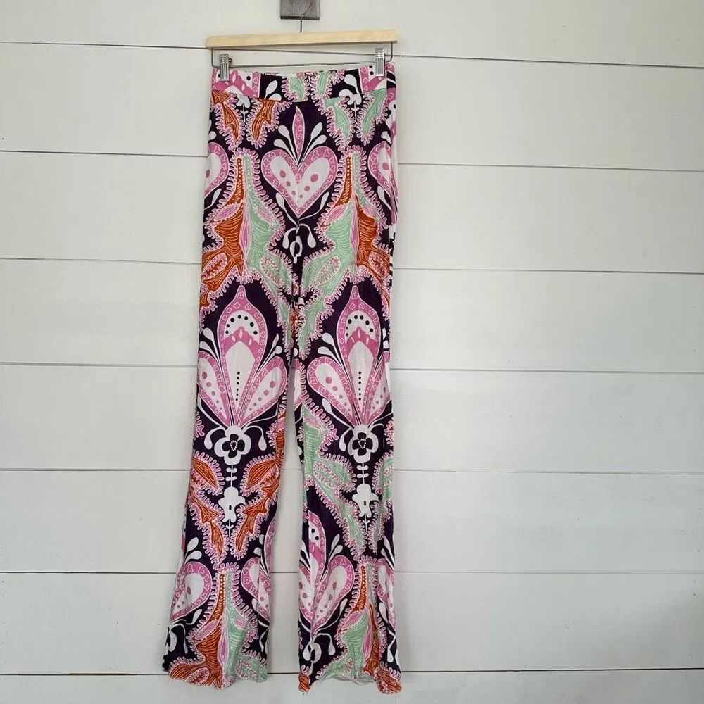 Zara Women’s Extra Small Paisley Patterned Linen Blend Wide Leg Pants Boho